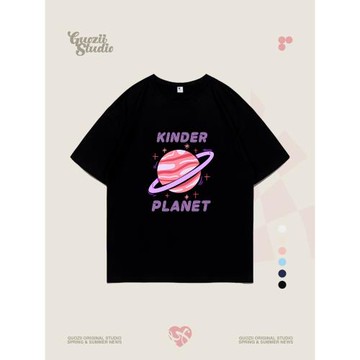 Guozii黑色正肩t恤女短袖原創設計小星球印花純棉寬松ins顯白衣服