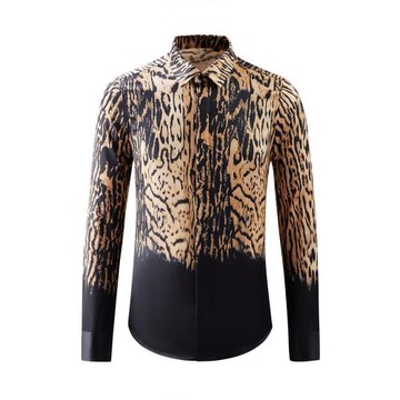 潮流時尚豹紋印花男士長袖襯衫免燙抗皺帥氣個性拼色百搭修身襯衣