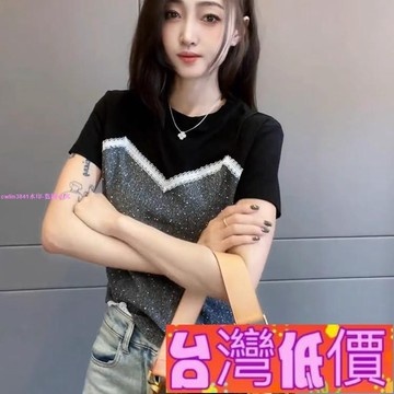 悅裳💎台灣免運💎夏季新款圓領正肩時尚拼接撞色短袖T恤女減齡休閒假兩件上衣