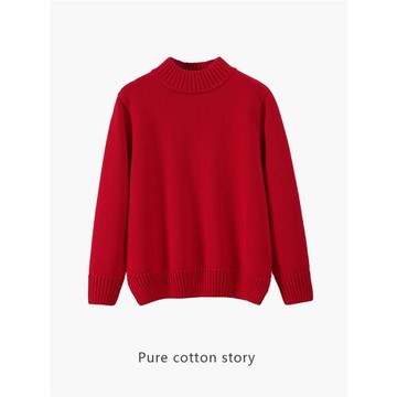 新年新貨 100%棉 大紅色毛衣半高領女士秋冬套頭針織衫 厚款寬松