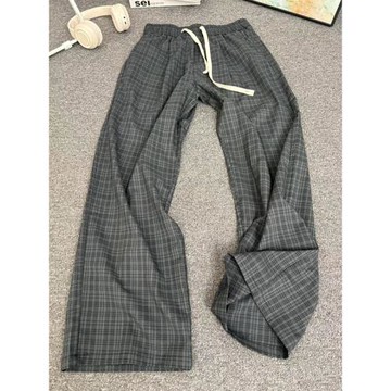 灰色速干冰絲格子褲子男夏季薄款慵懶風穿搭闊腿褲cleanfit直筒褲