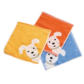 星紅織品 經典可愛狗純棉方巾3件組 30 x 30cm 30g  藍色 + 橘色 + 黃色  1組