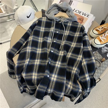 品牌折扣~專柜撤回女裝復古格子襯衫休閑港味中長款顯瘦連帽外套