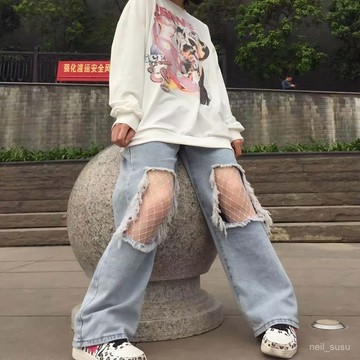 P3-【限時特賣】牛仔褲女 牛仔長褲 高腰牛仔褲 牛仔寬褲 高腰褲 長褲女 夏季新款ins寬鬆乞丐破洞牛仔褲女韓版直筒闊