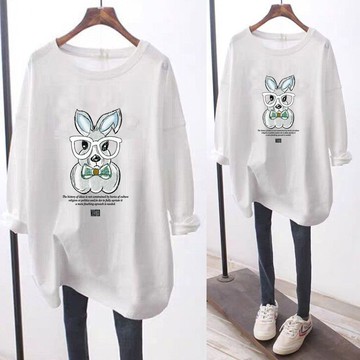 衣時尚 上衣 長袖t卹 T恤衫 打底衫 印花T卹 中大碼M-4XL新款中長款T卹女寬鬆顯瘦內搭上衣-5992.