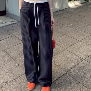 MOCO韓版chic韓版撞色拼接抽繩收腰百搭條紋闊腿西褲休閒長褲