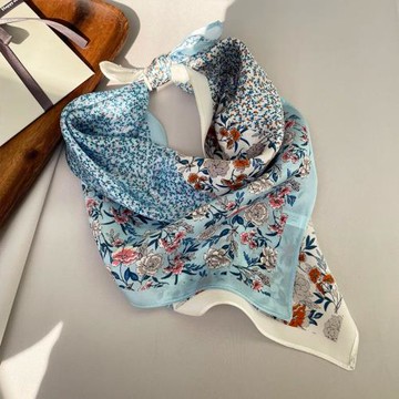 老記憶藍色碎花/100%桑蠶絲襯衫絲巾發帶女綁發夏薄款真絲小方巾