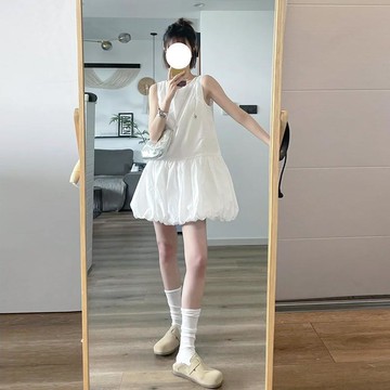 韓系✨ 白色洋裝 法式洋裝 無袖背心連衣裙 女裝 夏季溫柔風氣質蓬蓬裙 寬鬆花苞短裙 A字裙 赫本風 ins
