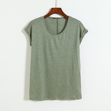 亞麻圓領短袖T恤衫 夏季新款蝙蝠衫 寬松大碼棉麻套頭體恤 女上衣