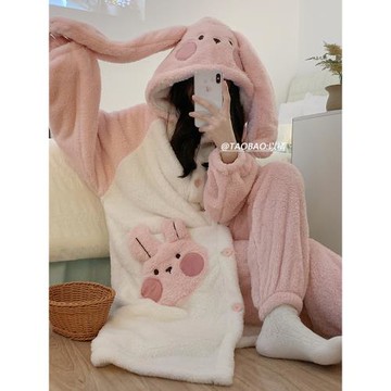 珊瑚絨睡袍女秋冬季可愛兔子連帽可外穿加厚加絨甜美冬天睡衣套裝