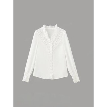芬妮旅程大洪旗艦店花邊領白色襯衫春季時尚鏤空蕾絲氣質V領襯衣