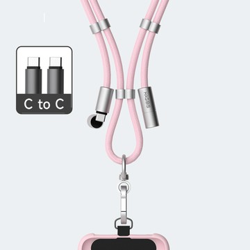 HAGiBiS 時尚PP紗編織Type-C to LightningPD27W充電傳輸二合一手機掛繩148cm粉線銀頭GS100CLPK