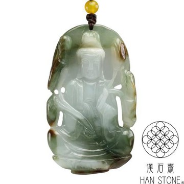 【漢石齋】天然翡翠A貨 大觀音玉佩項鍊 冰糯種飄花帶紅翡(40*67*9mm)
