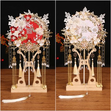 廠家秀禾手工禮盒材料包金色喜扇重工新娘手捧花結婚中式團扇diy