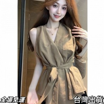 速.發 雪紡時尚無袖襯衫掛脖收腰緊身清新係帶襯衫2025夏季新款名媛風 台出