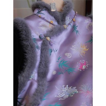 新中式國風紫色印花斜襟盤扣夾棉馬甲2025冬季新款修身顯瘦連衣裙