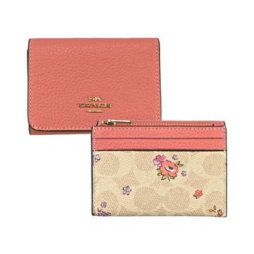 COACH鮭魚橘荔枝紋花卉印花沙色C Logo PVC二合一卡夾皮夾