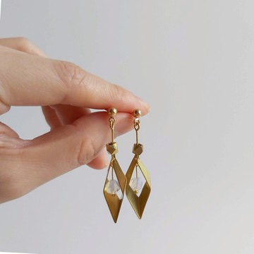 獨家 - 純黃銅 蛋白石 古典菱形 復古系列耳環 925純銀耳針/耳夾