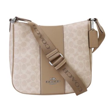 COACH 銀馬車拚色防刮槓條LOGO斜背包(淺褐x米)