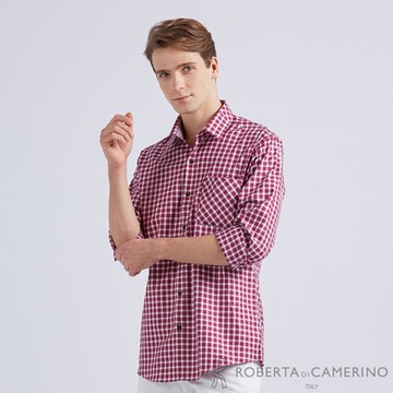 【ROBERTA諾貝達】 商務襯衫 進口素材 合身版 優雅品味純棉格紋長袖襯衫 紅