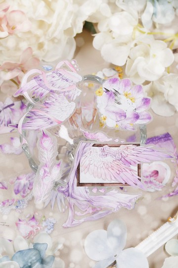 紫鳶羽夢 羽 / 花 / 淡紫 / きらめき PET 紙膠帶 (kiss-cut)