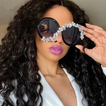 歐美ins新款眼鏡夸張鑲鉆大框圓形太陽鏡女士時尚墨鏡sunglasses