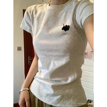 🔥⚡夏季上新⚡【店鋪熱銷】美式辣妹複古貓咪白灰色正肩短袖T恤女夏季修身顯瘦收腰短款上衣 NR1F