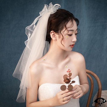 新娘頭紗主結婚紗女新款頭飾超仙森系蝴蝶結香檳色小拍照道具白色