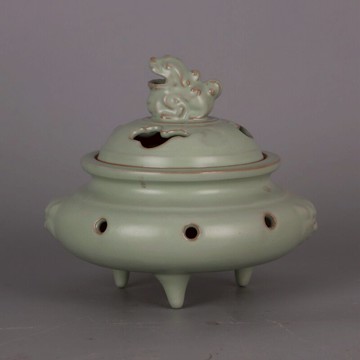 宋 汝窯青釉雄獅鏤空三足香爐 仿宋代舊貨清涼寺御制收藏古玩擺件