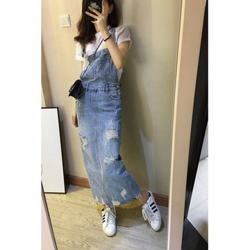 單一色加大尺碼S-5L♥️追【JinG】韓版*後開岔吊帶高腰單寧長裙 長洋裝 牛仔開衩吊帶裙 牛仔裙 高腰裙