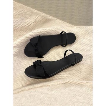 一字帶羊皮2024年夏季平底蝴蝶結