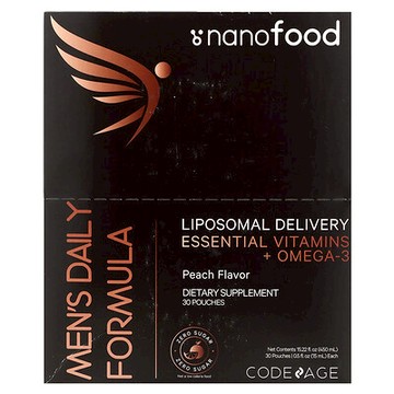 Codeage, Nanofood，男性日常配方，脂質體輸送，必需維生素 + Omega-3，桃子味，30 袋，每袋 0.5 液量盎司（15 毫升）