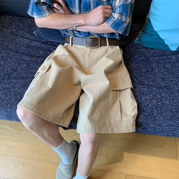 透氣速乾工裝短褲 新款休閒五分褲 男生韓版復古工裝褲 簡約百搭潮牌直筒褲 五分褲 寬鬆休閒短褲