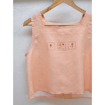 刺繡 | 亞麻 | 方領無袖上衣 蜜桃色