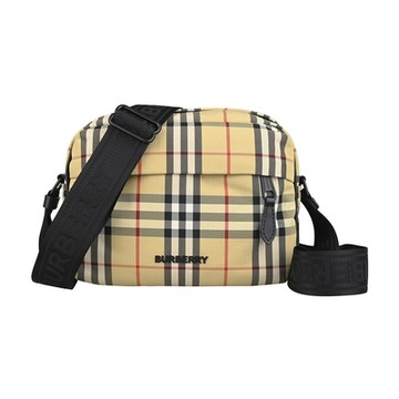 BURBERRY 巴寶莉  Paddy燻黑英文LOGO復古格紋尼龍拉鍊斜背包(男款/典藏米)