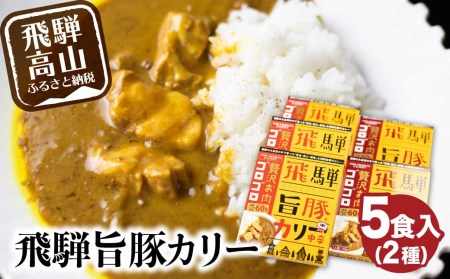 お肉ゴロゴロ 飛騨旨豚　カレー 5袋 (モモ肉×2袋、ばら肉×3袋) 2種 ブランド豚 レトルトカレー　豚カレー ポークカレー 豚肉カレー 豚肉 詰め合わせ 5個 肉   飛騨 ご当地カレー 食べ比べ さるぼぼ　ご当地