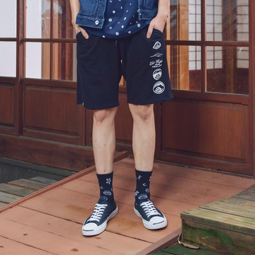 江戶勝 日系 男裝 撞色印花棉休閒短褲(黑色) #褲子