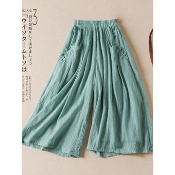 復古盤扣棉麻雙層闊腿褲女夏季高腰顯瘦休閑寬松百搭大擺七分褲裙