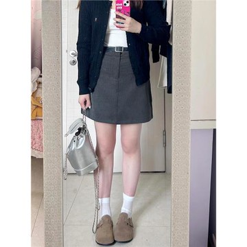 深灰色西裝短裙女夏季大碼胖mm高腰顯瘦梨型身材小個子a字半身裙