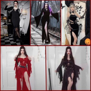 歐美萬圣節個性暗黑吸血鬼修身包臀開叉連衣裙惡魔女王長裙演出服