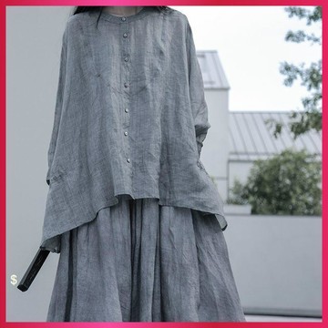 【WYZ】洋裝女 夏日不規則雙層大擺灰色手工扎染復古超長飄逸洋裝細肩帶裙個性