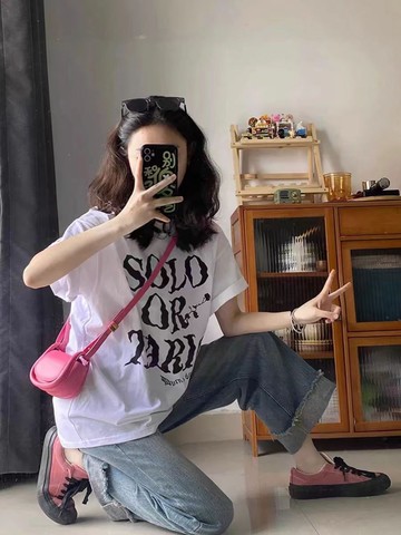 重磅純棉港風復古簡約短袖T恤女夏季新款寬鬆字母百搭學生上衣服 顯瘦女生上衣