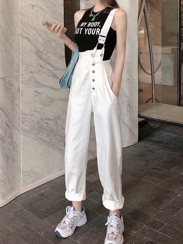 美富家白色高腰牛仔褲單肩背帶褲女韓版寬松2020秋季新款直筒褲顯