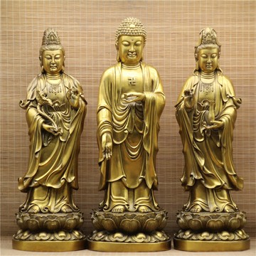 西方三圣銅像 純銅阿彌陀佛觀世音菩薩大勢至菩薩供奉擺件一套