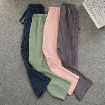 情侶春夏薄款水洗棉單層棉布睡褲女長褲全棉家居褲男格子大碼加肥