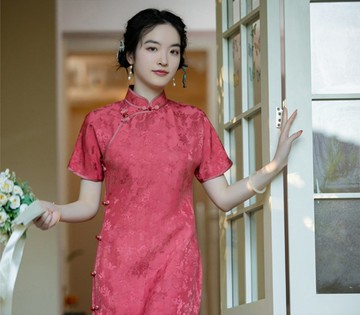 湘梅馥 新中式復古 紅云紗真絲古法旗袍