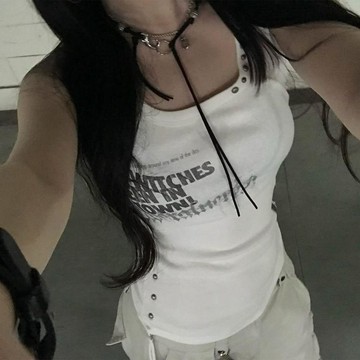 🌟臺灣出貨🌟美式辣妹街頭酷帥鉚釘字母印花圓領無袖背心夏季修身吊帶顯瘦上衣 小吊帶背心 吊帶背心 掛脖背心 無袖背心