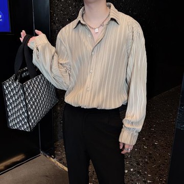 春秋高級感褶皺襯衫男長袖寬松韓版網紅輕奢小眾設計感痞帥襯衣潮