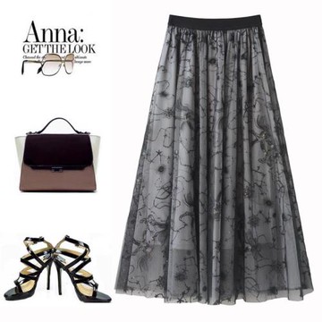 2005春季新品飛馬星空珠片繡花紗裙仙范裙撞色設計朦朧感顯瘦長裙