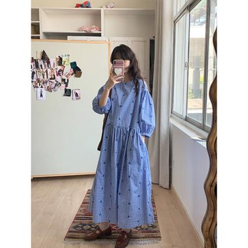 懶人的舒舒服服～藍色格子寬松連衣裙長裙女